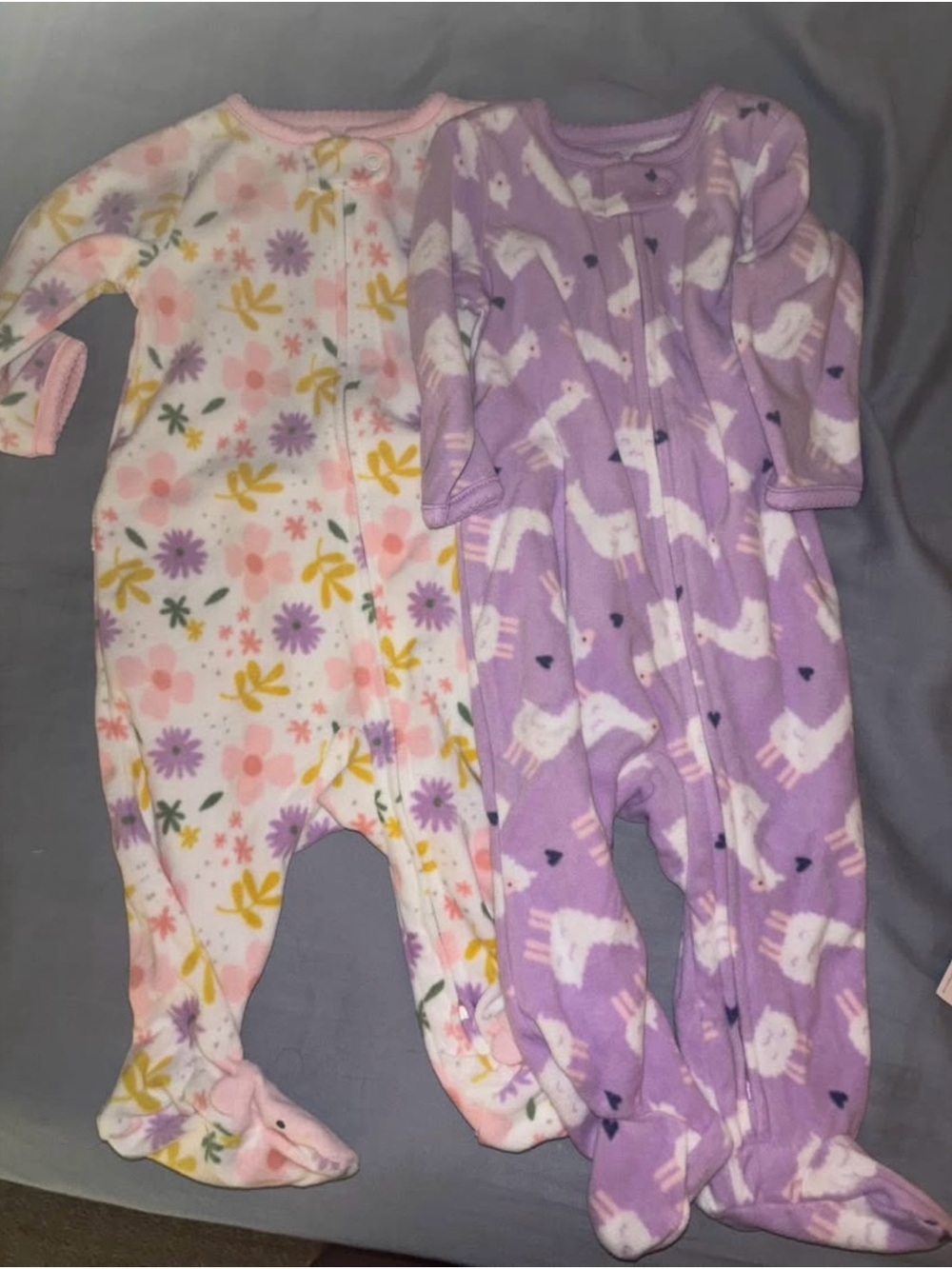 Carter's Pink Floral & Purple Llama Fleece Footed One-Pieces